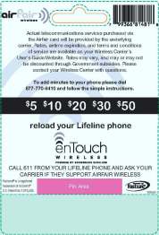 Lifeline Wireless Phone Reload Card - Back